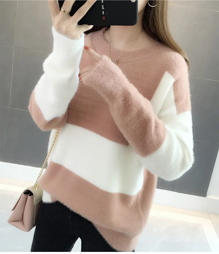 Осень-зима, новинка, мохеровый свитер, Женский пуловер, длинный рукав, толстый свитер, в клетку, смешанные цвета, повседневный женский джемпер, топы L133 - Цвет: White Pink