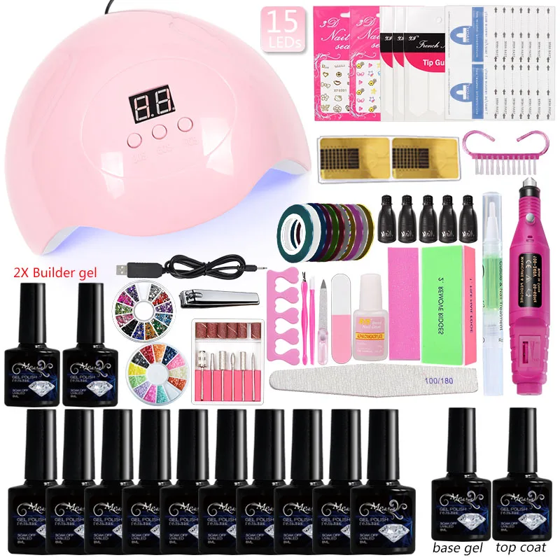 

Nail Set for Manicure Nail Extension UV Gel Manicure Kit 10 Colors Gel Nail Polish Base Top Coat Nail Kits Builder Polygel Set
