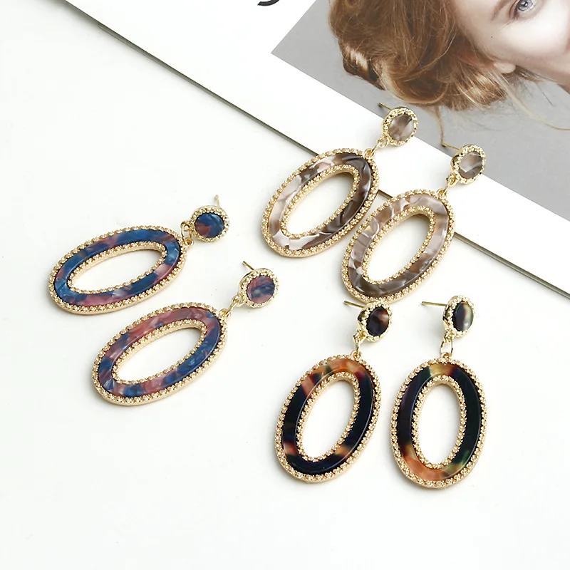 

New Fashion Acid Acrylic Resin Crystal Dangle Geometric Oval Earrings for Women Long Pendant Jewelry Gift 3 Colors