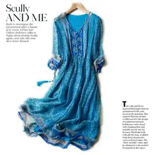 Women 100 Silk dress Beach dress Natural Silk Elegant Blue Print dress V-neck Holiday summer dresses Hot Free Shipping