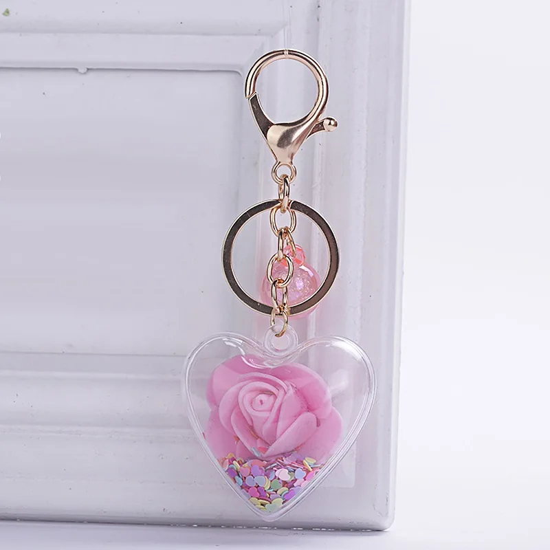 New Fashion Sequins Glitter Rose Keychain Pendant Transparent Plastic Eternal Flower Key Chain Women Car Handbag Keyring