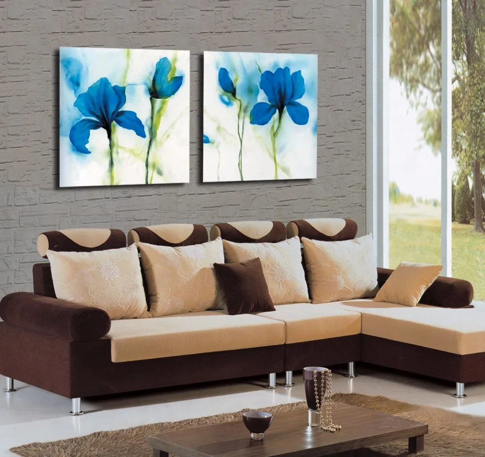 

2pcs modern Abstract Blue flower pictures canvas Home Decoration living room Wall modular painting Print cuadros( frame)