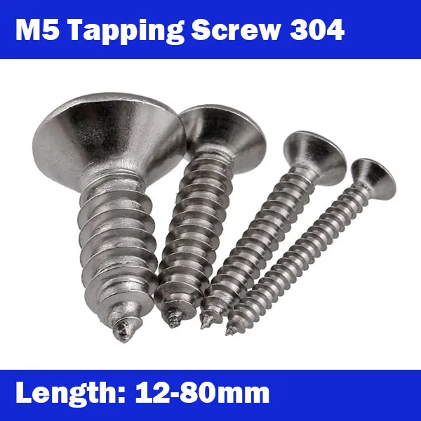

M5, 20PCS DIN7982 304 Stainless Steel Screws M5*10-80mm Cross Recessed Flat Head Countersunk Self-tapping Wood Screws ISO7050