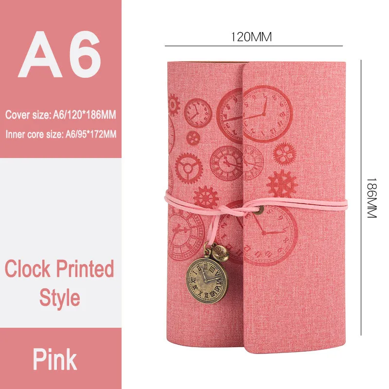 DELVTCH Vintage Clock A6 Spiral Notebook Travel Planner Memo Diary Journal Notepad Organizer Schedule Schoiol Student Stationery - Color: Clock Pink