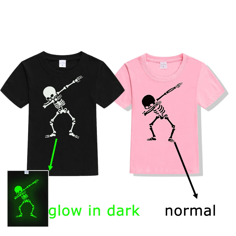 2 шт./лот, Детская футболка в стиле «хип-хоп» с изображением скелета черные футболки в стиле панк детская светящаяся в темноте футболка с черепом для мальчиков и девочек летняя одежда - Цвет: 49H1BK44A7PK-
