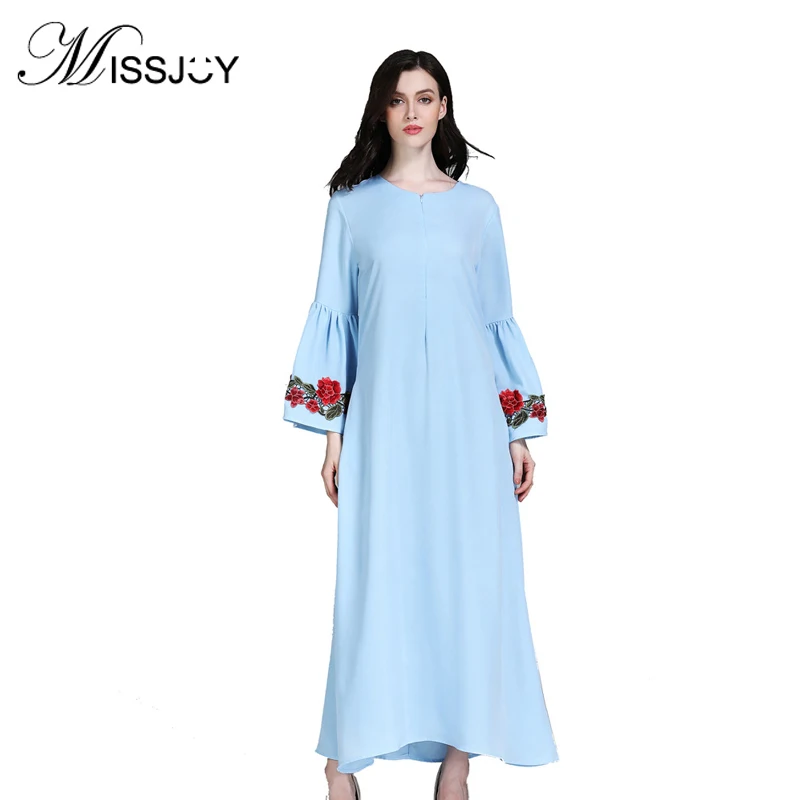 

MISSJOY New Pattern Muslim Abaya Clothing Horn Sleeve Islam Plus Size Dress For Women Solid Color Hijab Abaya With Embroidery