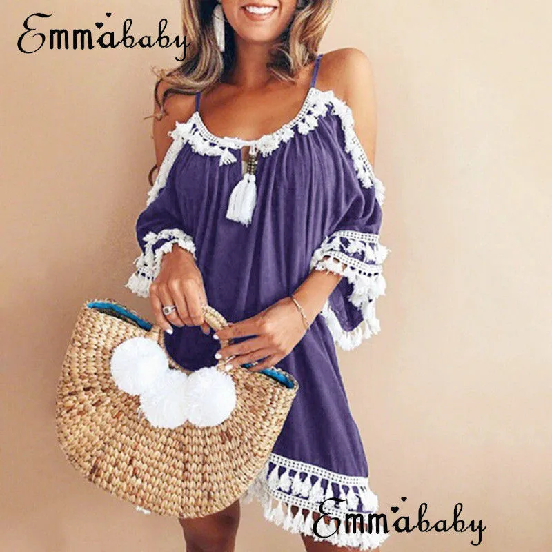 Фиолетовый Для женщин летние Boho богемная кисточка ремень с плечом Короткие мини платья выдалбливают пляжная одежда коктейльное вечерние Сарафан - Цвет: Фиолетовый