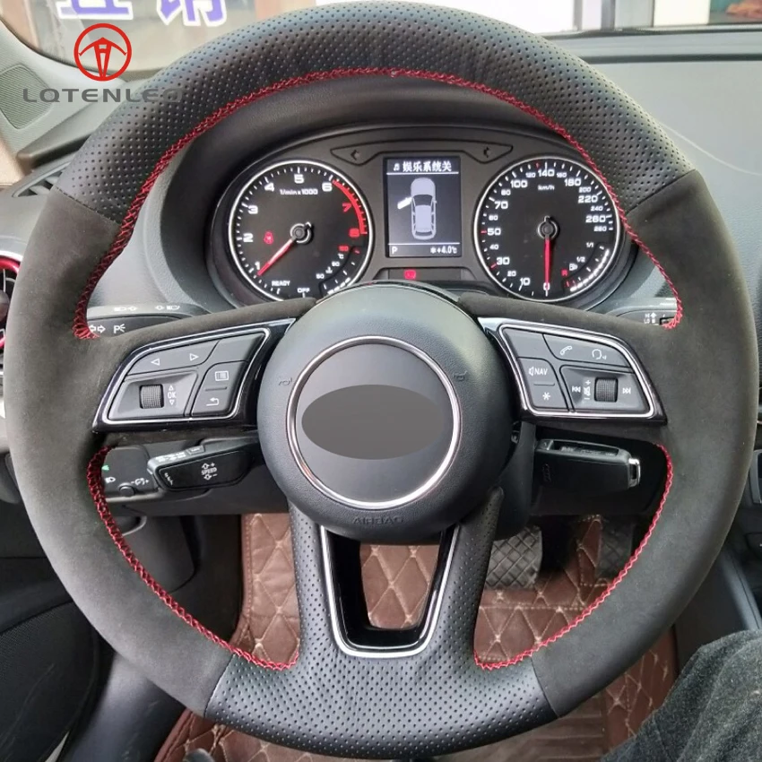 

LQTENLEO Black Genuine Leather Suede DIY Hand-stitched Steering Wheel Cover for Audi A4L A5 2017