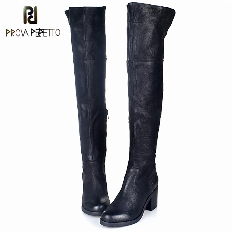 Prova Perfetto European Popular Female Boot Grind Arenaceous Leather High Heels Boot Winter Plush In Over The Knee Shoes Black