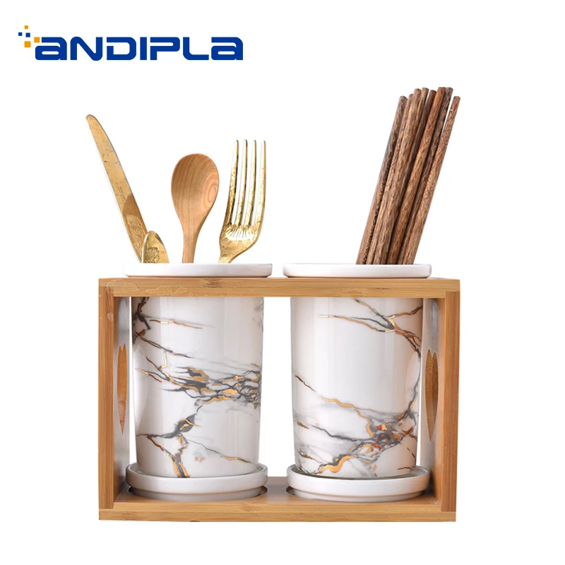 

European Style Ceramic Marble Pattern Chopsticks Storage for Home Kitchen Accessories Wooden Shelf Spoon Fork Holder Tableware