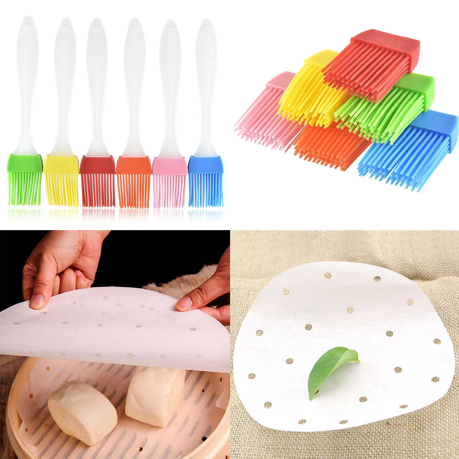 

Behogar 100pcs 9inch Non-Stick Perforated Bamboo Steamer Liners Mat Air Fryers Paper Sheets with 1pcs Silicone Brush