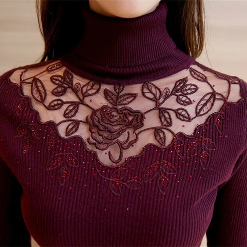 2018 Spring Autumn Women Sweaters and Pullovers Turtleneck Lace Crochet Slim Knitted Sueter Mujer Pull Femme Maglioni Donna F451