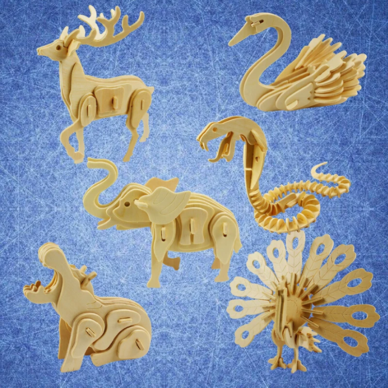 DIY Дети 3D деревянные пазлы животные лев крокодил змея модель сборки строительные наборы Развивающие игрушки для детей
