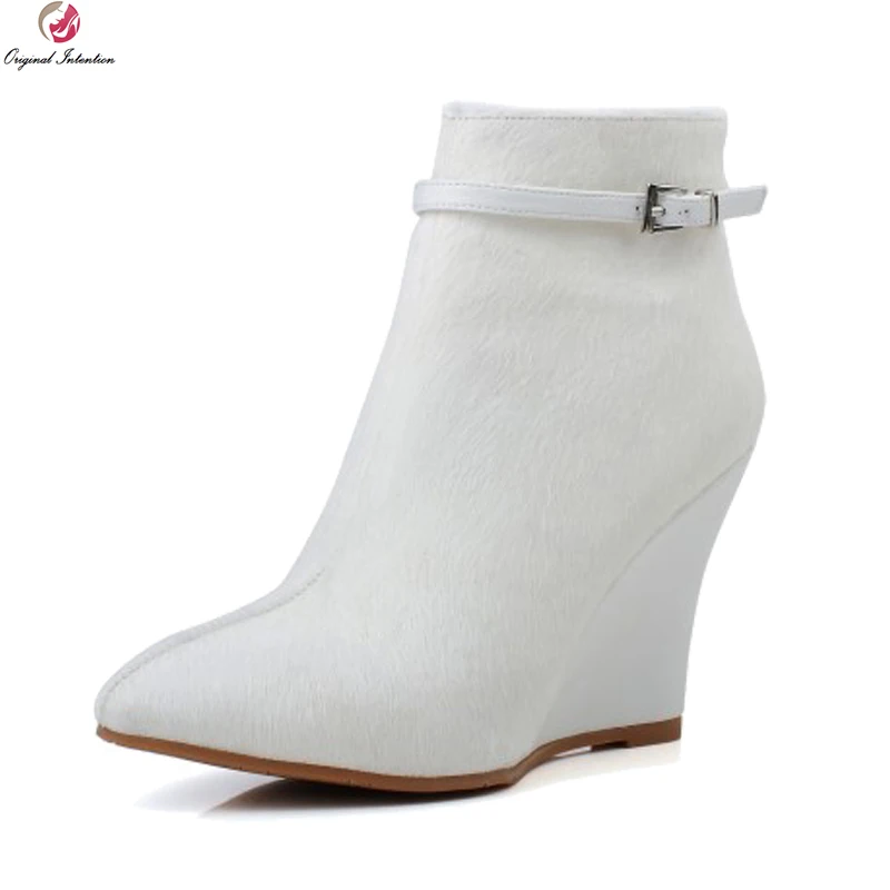 Intención Original Mujeres Con Estilo Botines Punta estrecha Cuñas Botas de Pelo de Caballo Elegante Negro Blanco Zapatos de Mujer de Tamaño EE.UU. 3-9.5