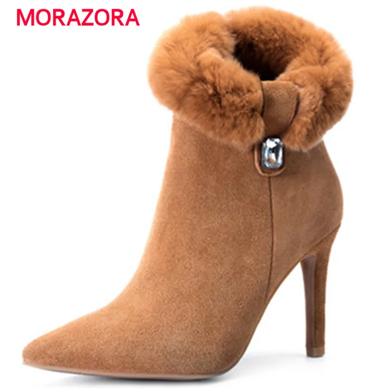 

MORAZORA 2018 new fashion pointed toe cow suede leather boots sexy super high heel ankle boots for women autumn winter boots