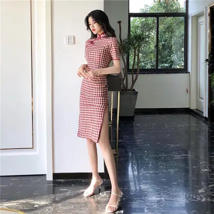 

Vintage Cheongsam Dress Plaid Split Slim Ladies Dresses Women Summer Vestidos De Festa