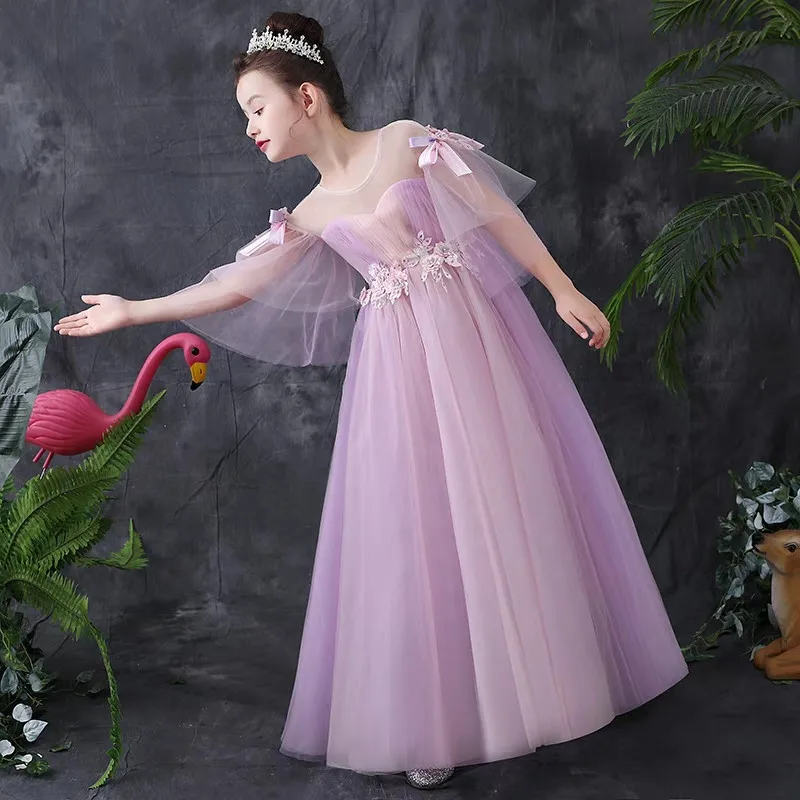 US $114.60 2020Korean Sweet Purple Color Children Girls Birthday Wedding Party Long Tail Puffy Dress Model Catwalk Teens Piano Host Dress