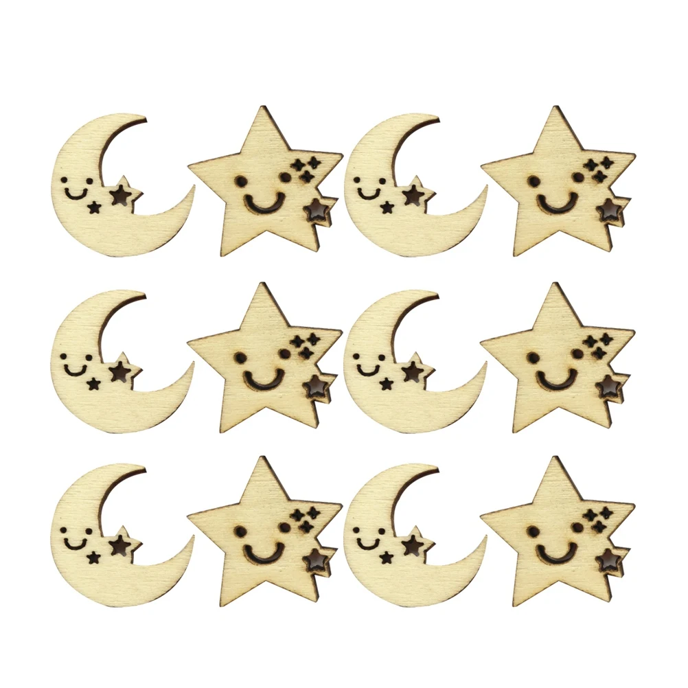 

50PCS Children Handmade Materials Wooden Artware Cartoon Star Moon Shape Creative Style For Craft Decor (26mm, Mixed Shape)