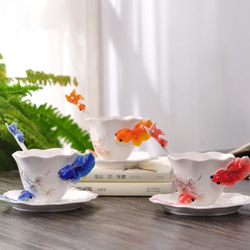 

Creative Beautifully 3D goldfish enamel Coffee Mug with spoon dish,Colored ceramics porcelain Mug with saucers and teaspoons