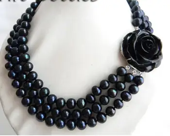 

Free Shipping **3Strands 18'' 10mm Black Round Freshwater Pearl Necklace
