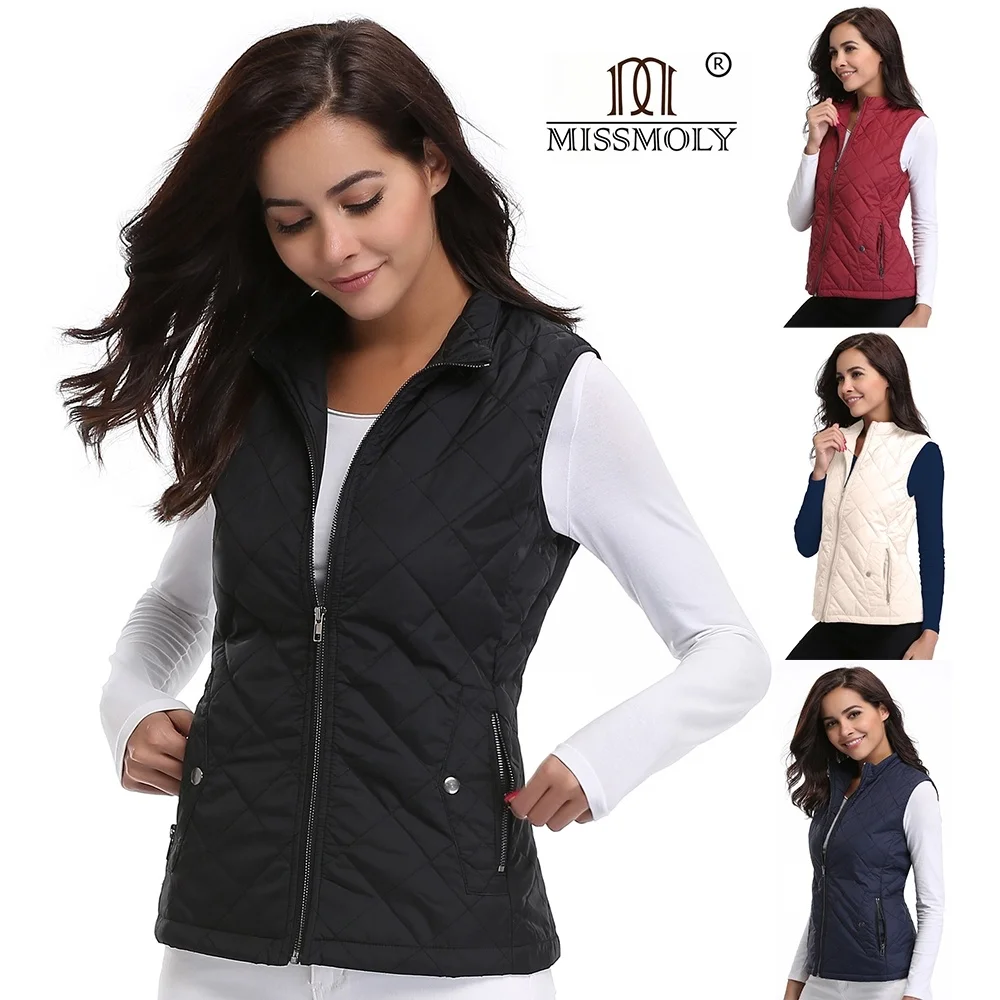 Women's Sleeveless Cotton Warm Jackets Zipper Stand Collar Lightweight