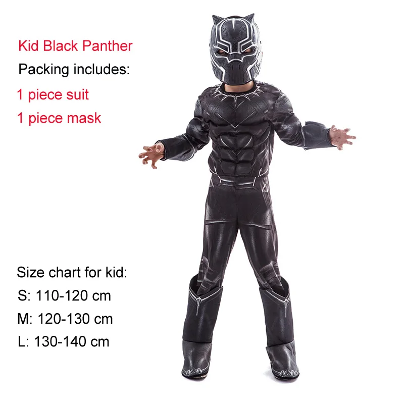 Kid black panther Костюм Пурим на Хэллоуин, костюм Человека-паука, Бэтмена, СУПЕРМЕНА для мальчиков, Детский карнавальный костюм супергероя, Мстители, одежда для костюмированной вечеринки - Цвет: Kid black panther