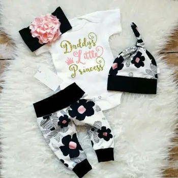 

4PCS Infant Baby Girls Tops Romper Floral Pants Headband Outfits Set Clothing Support wholesale