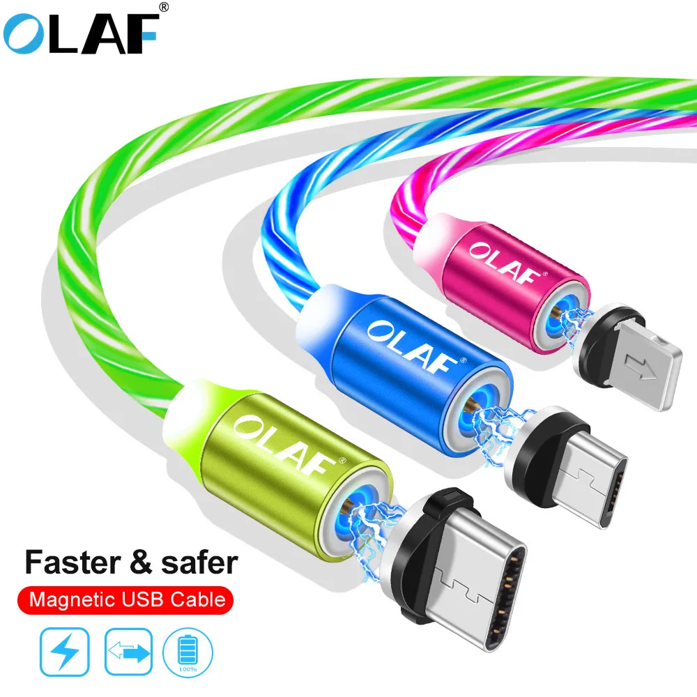 

OLAF Flow Luminous Lighting Magnetic USB Cable For iPhone XR X 7 8 Micro Type C Charger Fast Charging Magnet Charge USB-C Type-C