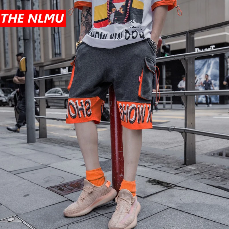 Хип-хоп спортивные шорты мужские с буквенным принтом Цветные Лоскутные высокие уличные шорты Лето мужские короткие тренировочные штаны Jogger уличная WG336