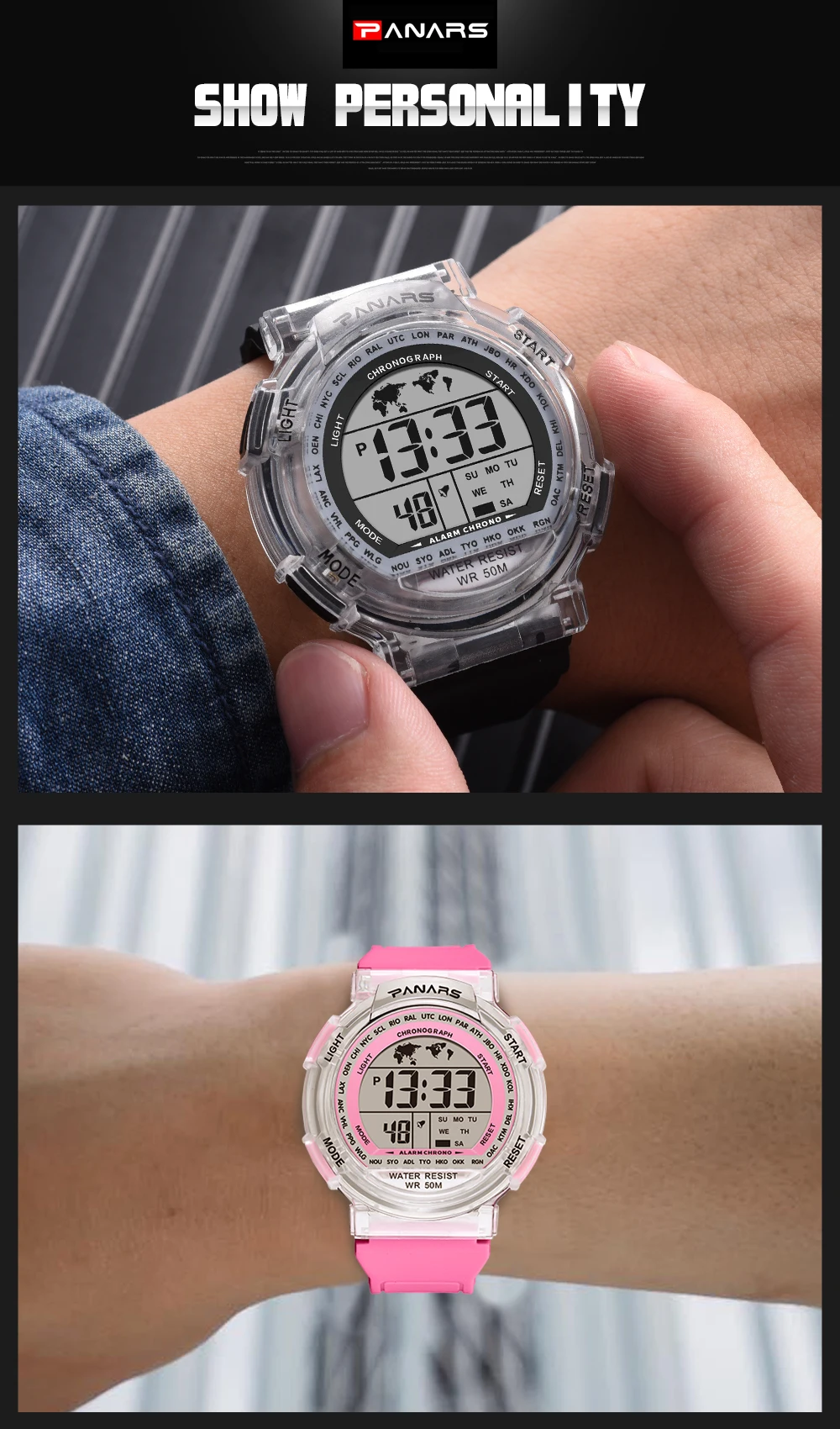 Children's Watches 50m Waterproof PANARS LED Multifunction Dual Tim Digital Kids Wrist Watches Children Watch For Boy Girl