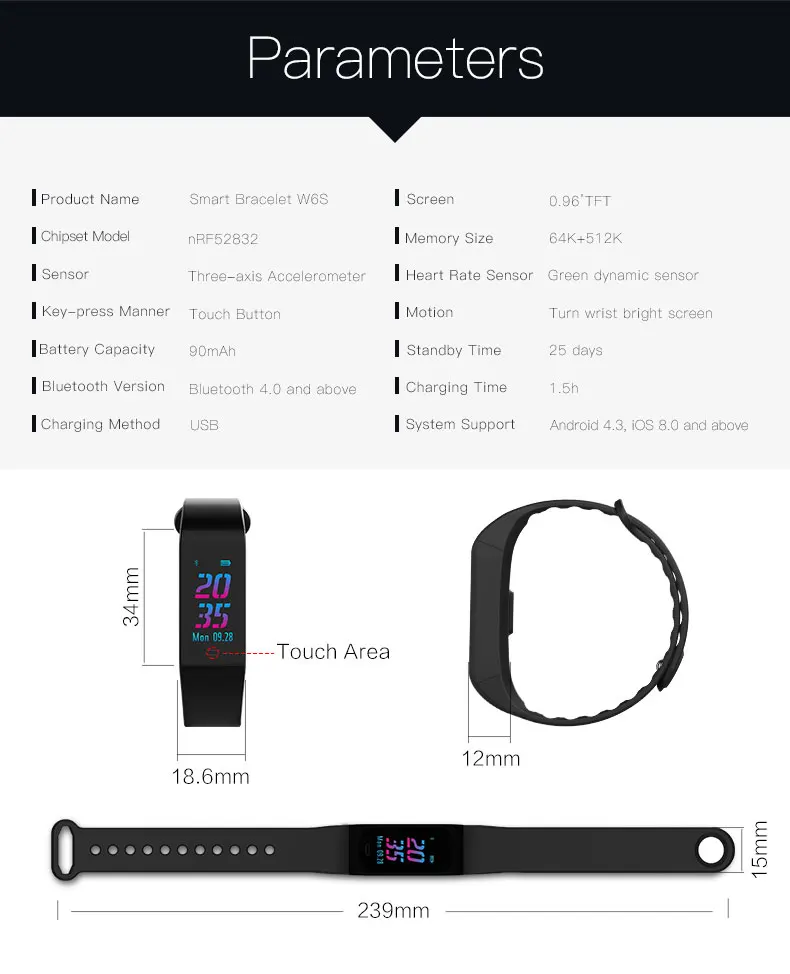 Smart bracelet blood pressure  heartrate W6S (20)