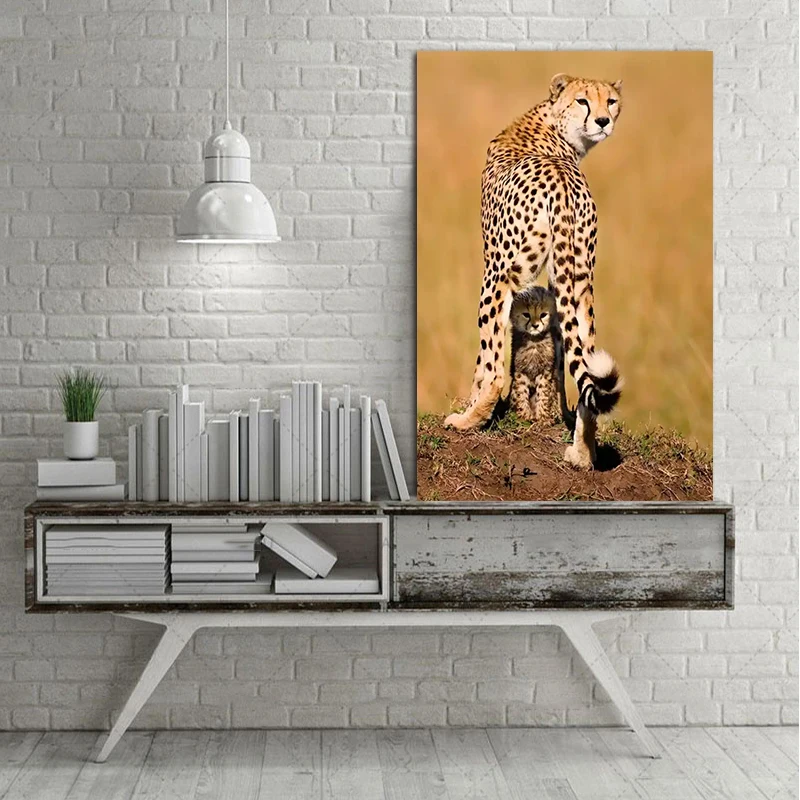 Mutu Lukisan Cheetah Ibu Melindungi Anaknya Dinding Seni Hewan
