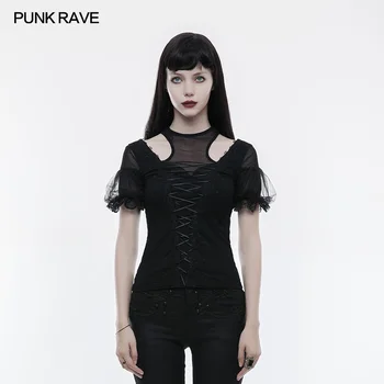 

PUNKRAVE Women Punk Fashion Black T-shirt Casual Cotton Lace Hollow Out Sexy Tops Korean Style Short Sleeve Lovely Women T-shirt