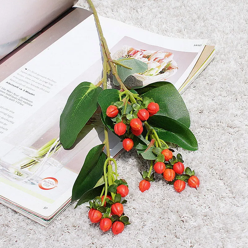 

3 Forks Artificial Flower Plastic Red Bean Branch Berry Fake Hypericum Fruit Flower Home Shop Table Floral Decoration