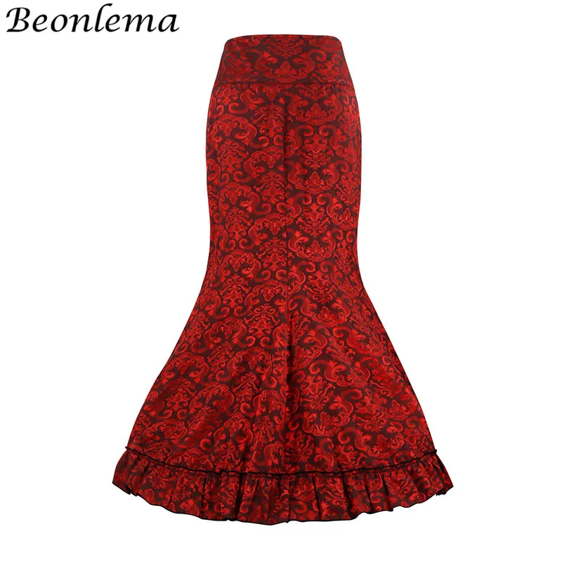 Beonlema Long Pencil Skirt Ruffles Hem Vintage Red Floral Skirt Wedding ...