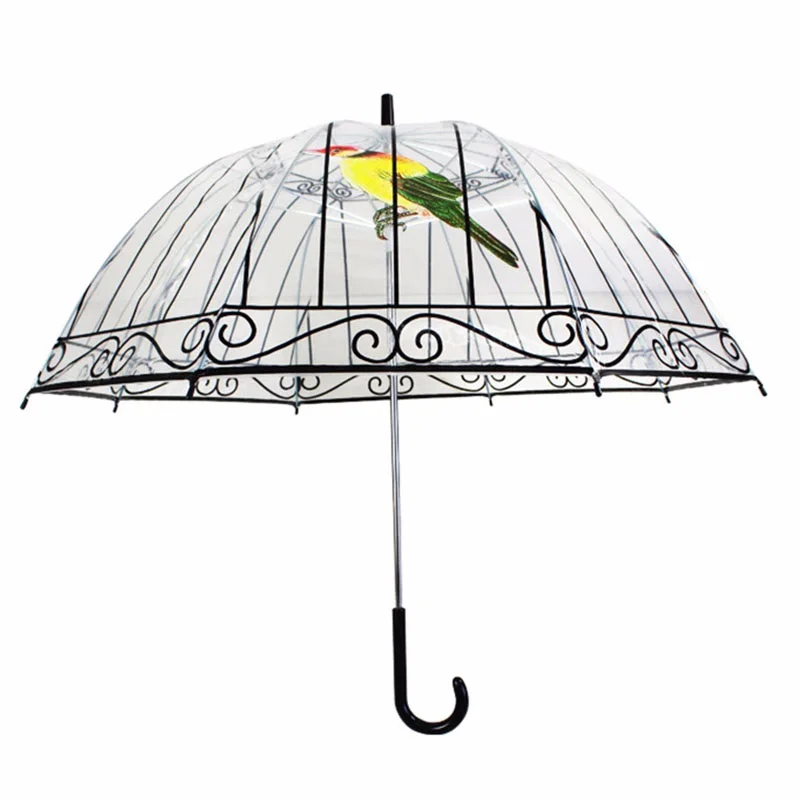 

Plastic Material Transparent Unbrellas Cute Bird Cage Umbrellas Clear Line Of Sight Long-Handle Clear Bubble For Women Umbrella