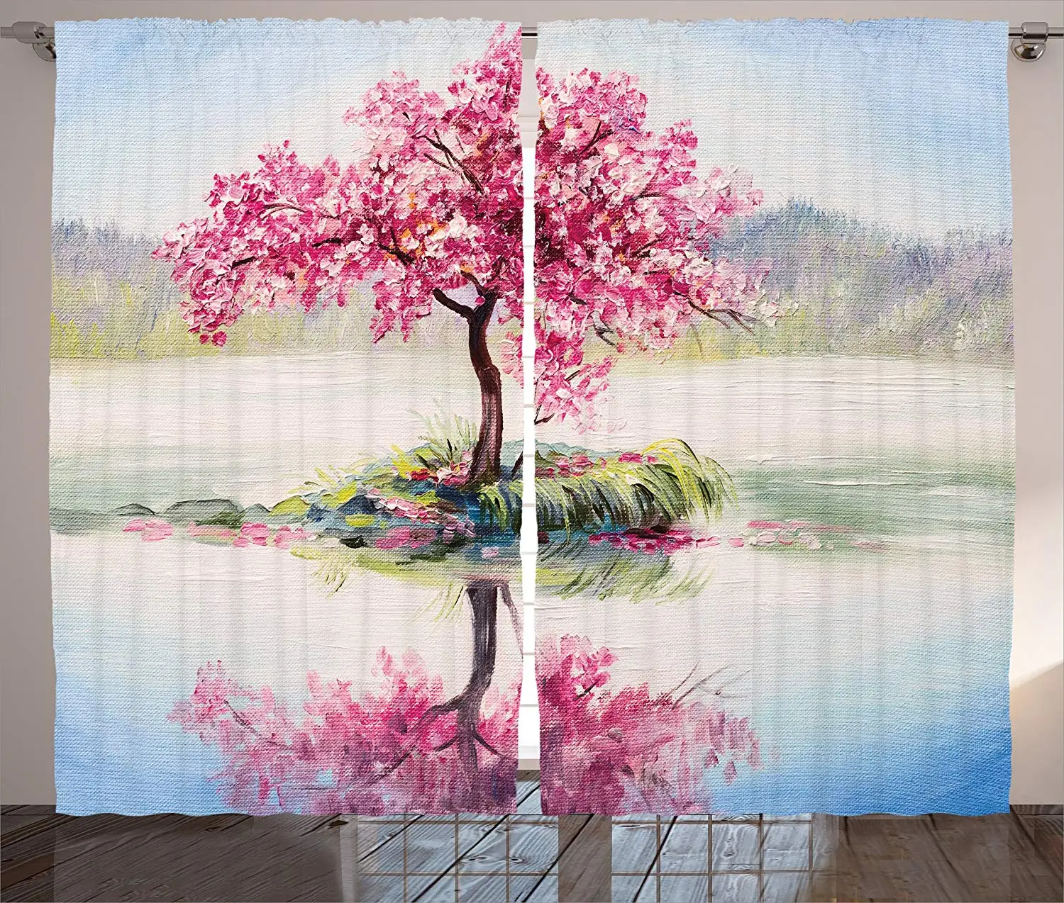 

Country Decor Curtains 2 Panel Set Image of Blooming Japanese Cherry Tree Sakura on The Lake Soft Romantic Culture Work Living