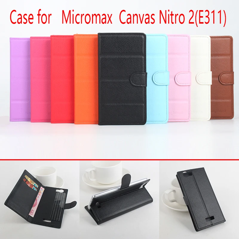 

For Micromax Canvas Nitro 2 Phone Case Folio Flip Pure Color Lichee Pattern PU Leather Wallet Case Cover Cash/Card Slots sanheng
