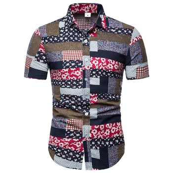 

New Summer Men's Slim Casual Cotton Linen Printing flower short-sleeve shirts Male flax fabric thin casual Pattern Hawaii Tops
