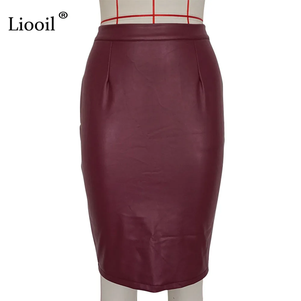 Liooil, женская черная юбка-карандаш из искусственной кожи, высокая талия, Осень-зима, на молнии, обтягивающие, сексуальные, облегающие, миди, офисные юбки для женщин, s, теплые