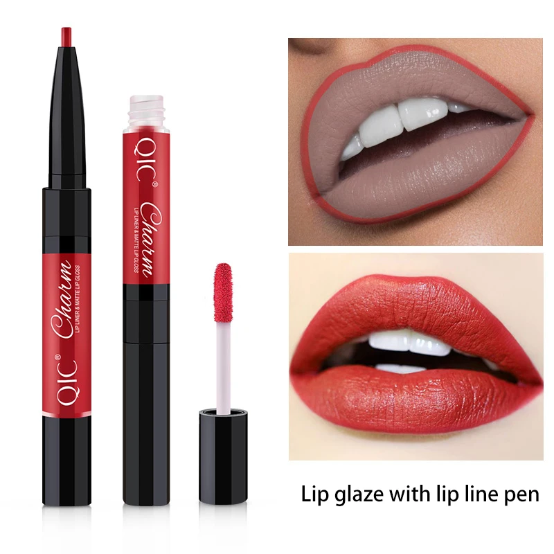 

OSHIONER 2 in 1 Double-head Non-fading Lip Glaze Lip Liner 12 color Makeup Non-stick Cup Lip Gloss Lip Liner