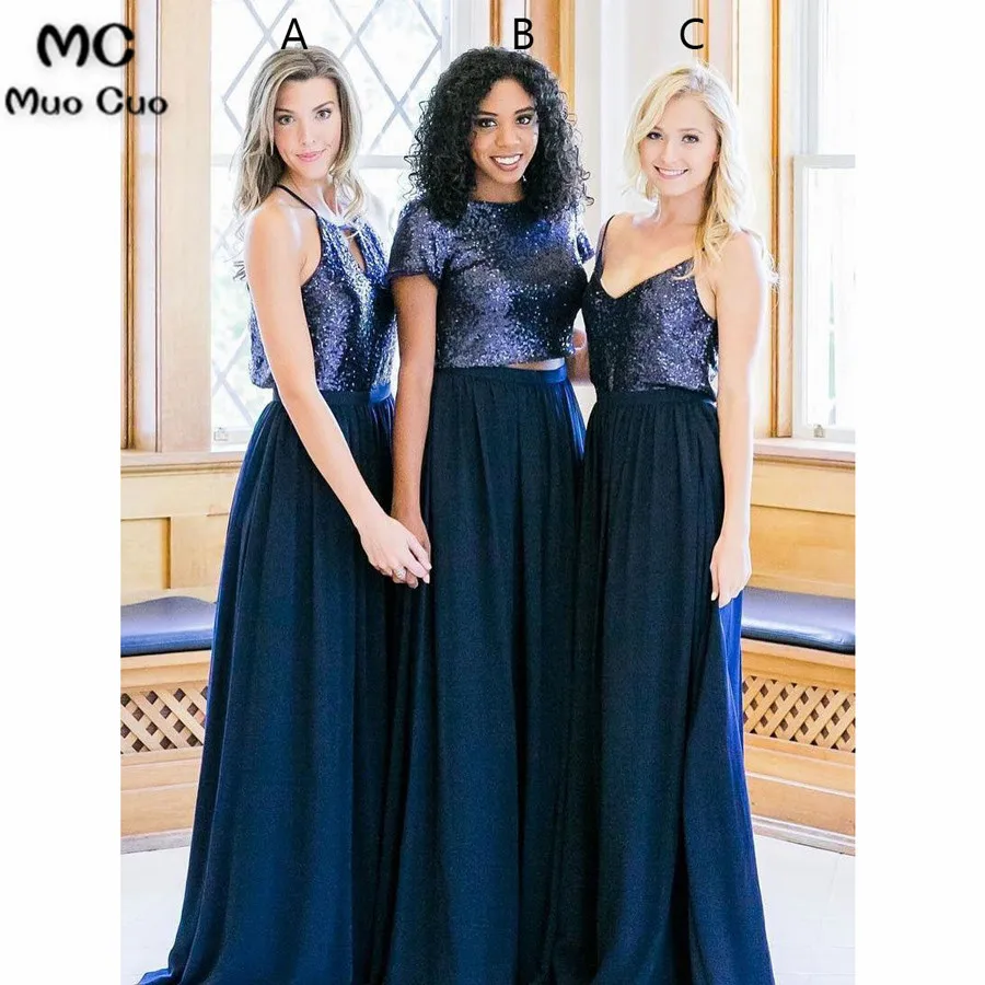 

2018 Navy Blue Bridesmaid Dress with Sequined ABC Design Chiffon Formal Wedding Party Dress Custom Made Women Bridesmaid Dresses