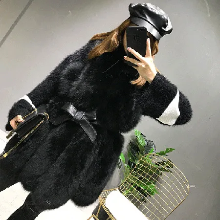 Шуба из натурального Лисьего меха с поясом женские зимние топы и блузки с v-образным вырезом жилет куртка harajuku Женская парка без рукавов розовые пальто - Цвет: color3