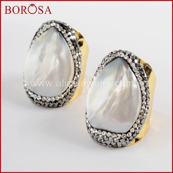 

BOROSA 5/10PCS Drop Shape White Shell Gold Bang Ring, Size 6 pave Rhinestone Zircon Natural Shell Rings Jewelry for Women JAB930