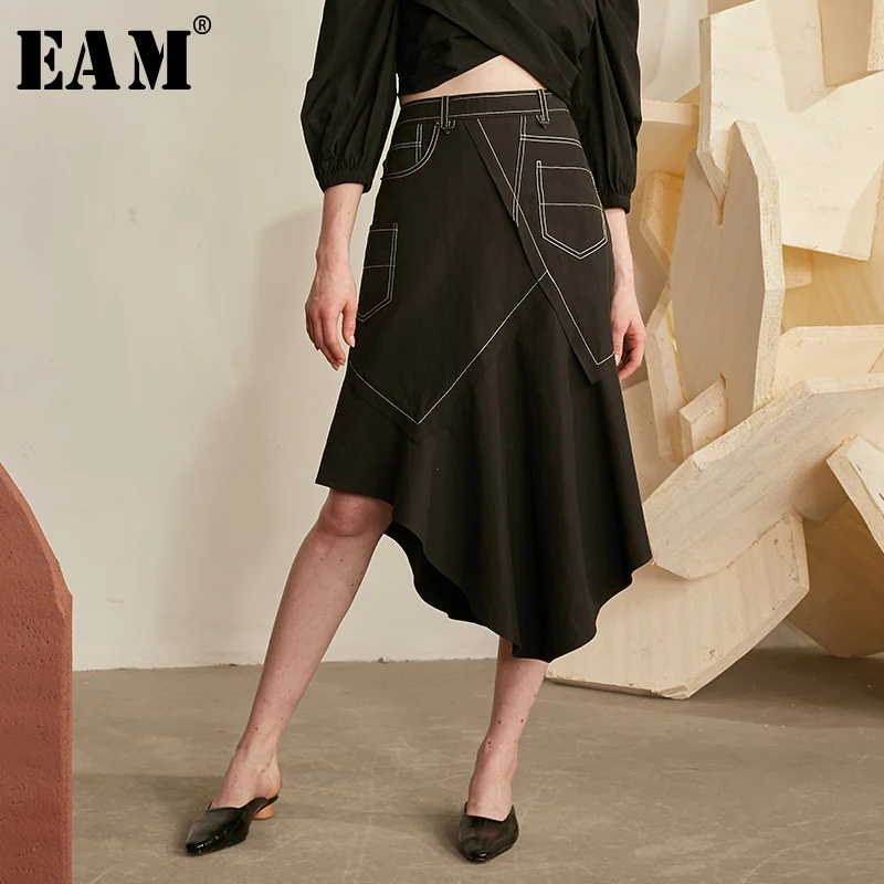 

[EAM] 2019 New Spring Summer High Elastic Waist Brief Patch Spliced Irregular False Pockets Half-body Skirt Women Fashion JX189