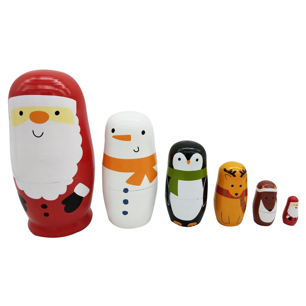 

6pcs/set Wooden Russian Nesting Dolls Christmas Santa Traditional Matryoshka Dolls Animal Paint Handmade Crafts Decoration Gifts