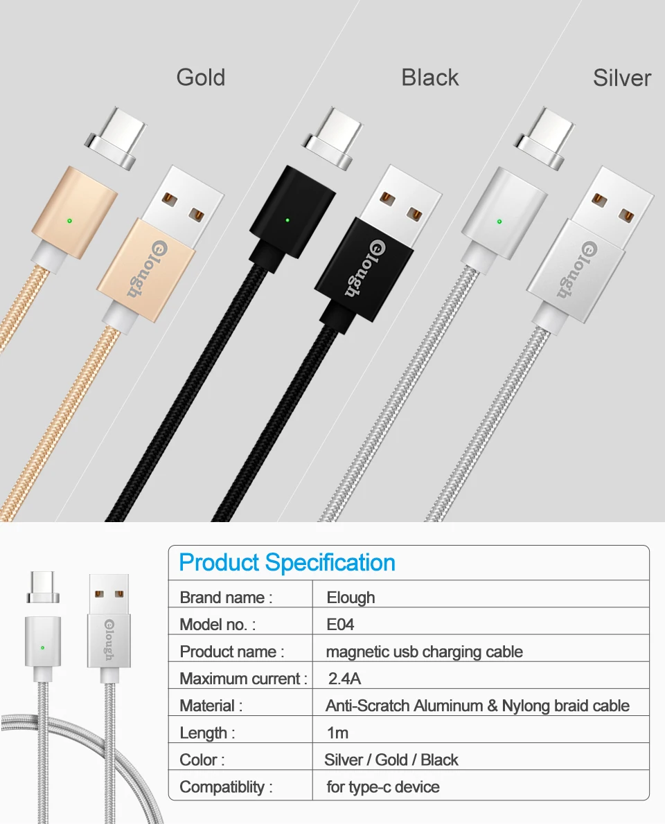 Elough E04 Магнитный кабель usb type C для samsung galaxy s8 note8 plus, быстрое зарядное устройство для мобильного телефона, магнитный кабель для зарядки type-c