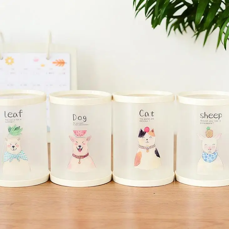1 Pcs Kawaii Round Animal Cat Dog Number Starry Sky Office Desk PP Pen Holders Pencil Container Storage Organizer Stationery