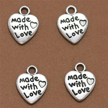 

25pc DIY Heart Jewelry Summer Party Gift Beauty Decor MADE WITH LOVE Heart Charms Silver Pendants Necklace Beads