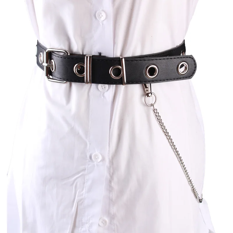 one layer black belt Модные черные ремни с двойной пряжкой, кожзам, завязанный пояс, пояс с заклепками, цепочка с заклепками, Панк Повседневный ремень, двухслойный джинсовый ремень - Color: one layer black belt